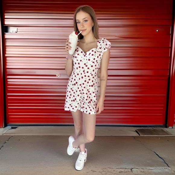 NEW Cherry print romper white rompers jumpers cherry print cute ruffles - Picture 3 of 3